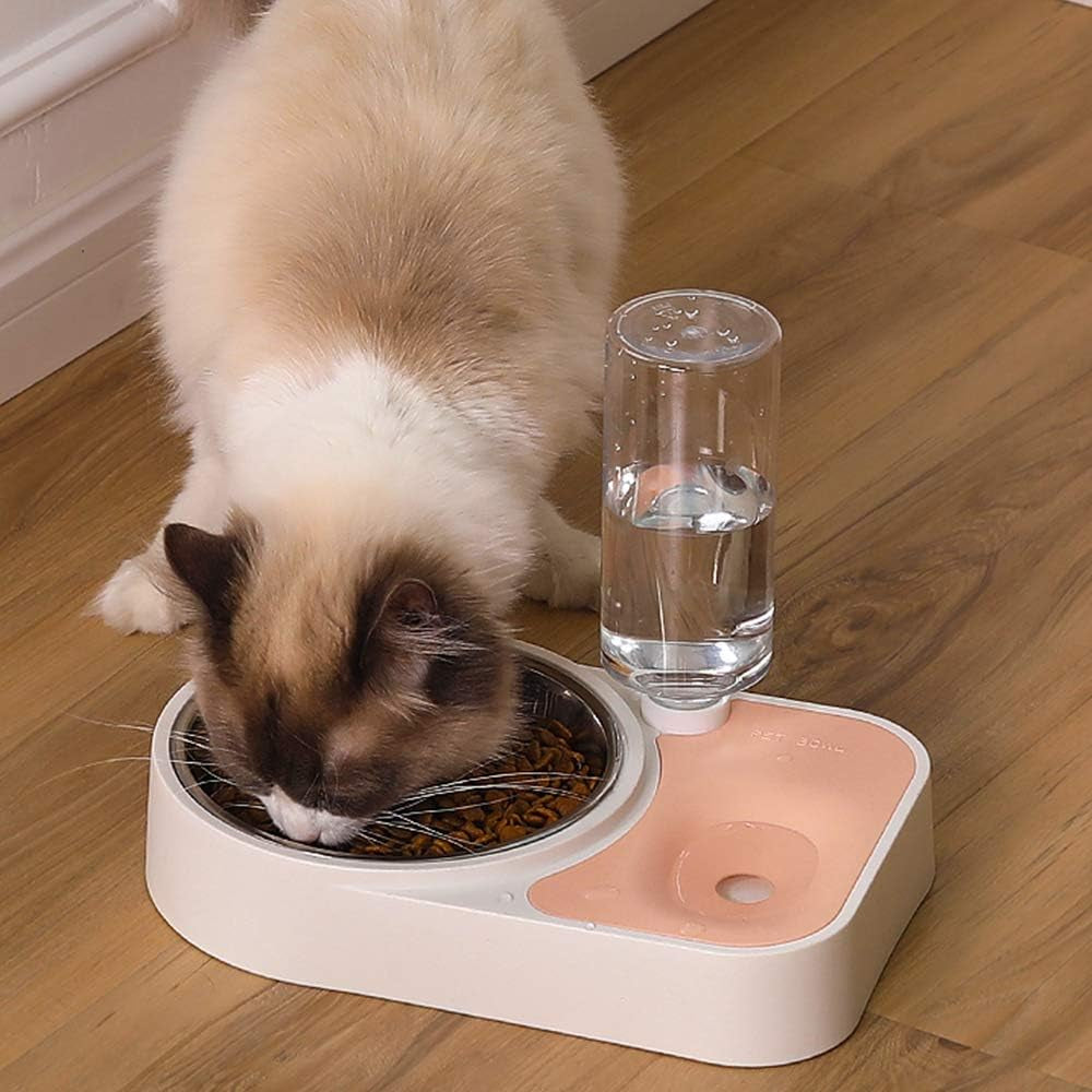 2-In-1 Automatic Dog Feeder Multi Function Cat Feeding Dispenser Detachable Dog Water Bottle and Food Bowl (Pink)