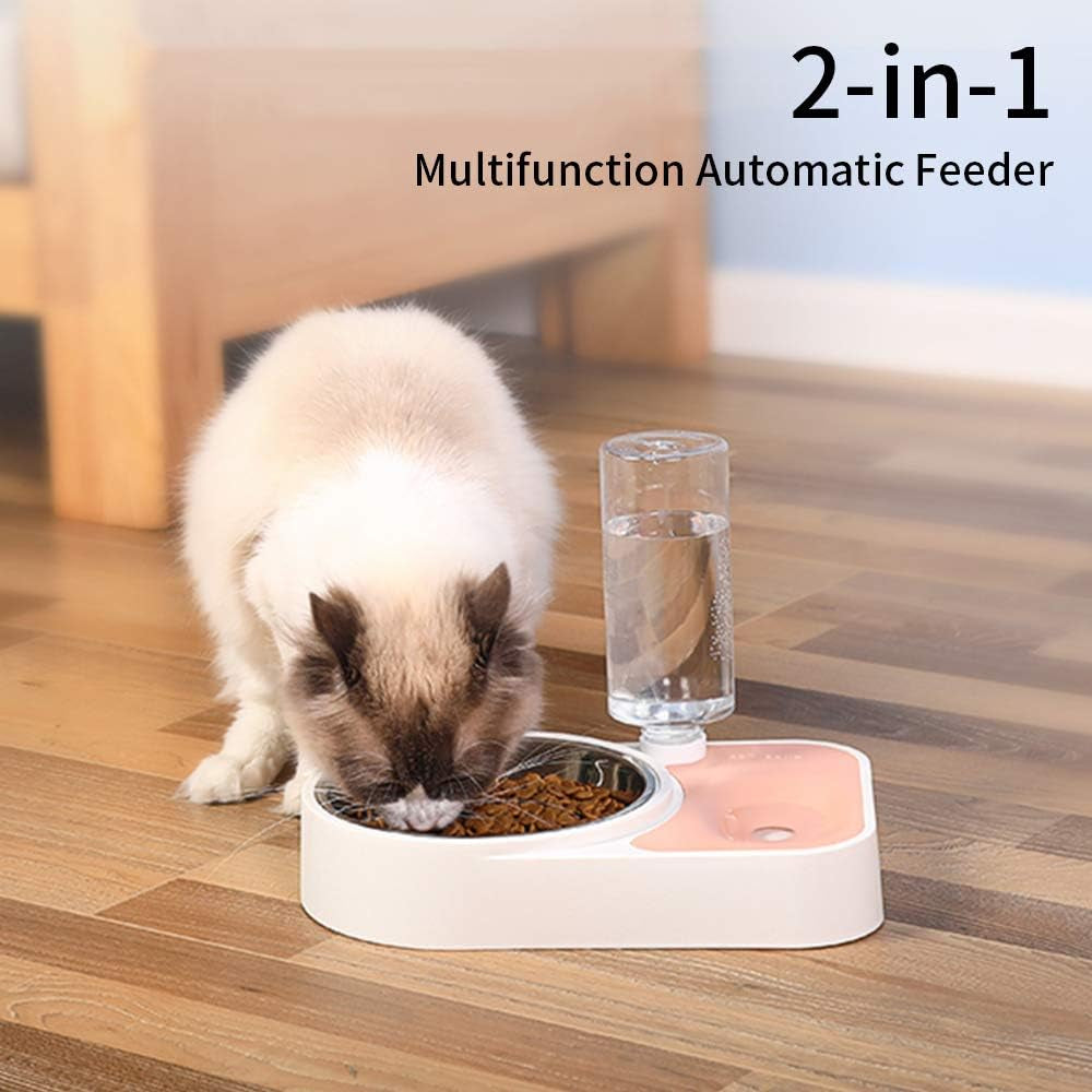 2-In-1 Automatic Dog Feeder Multi Function Cat Feeding Dispenser Detachable Dog Water Bottle and Food Bowl (Pink)