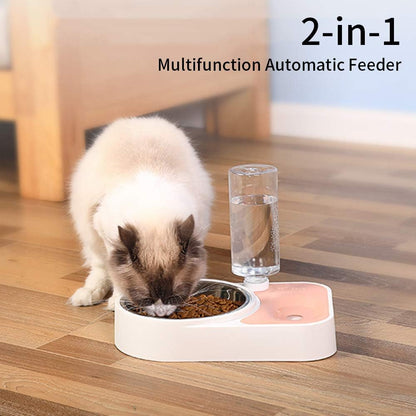 2-In-1 Automatic Dog Feeder Multi Function Cat Feeding Dispenser Detachable Dog Water Bottle and Food Bowl (Pink)
