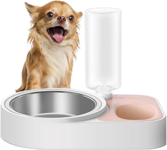 2-In-1 Automatic Dog Feeder Multi Function Cat Feeding Dispenser Detachable Dog Water Bottle and Food Bowl (Pink)